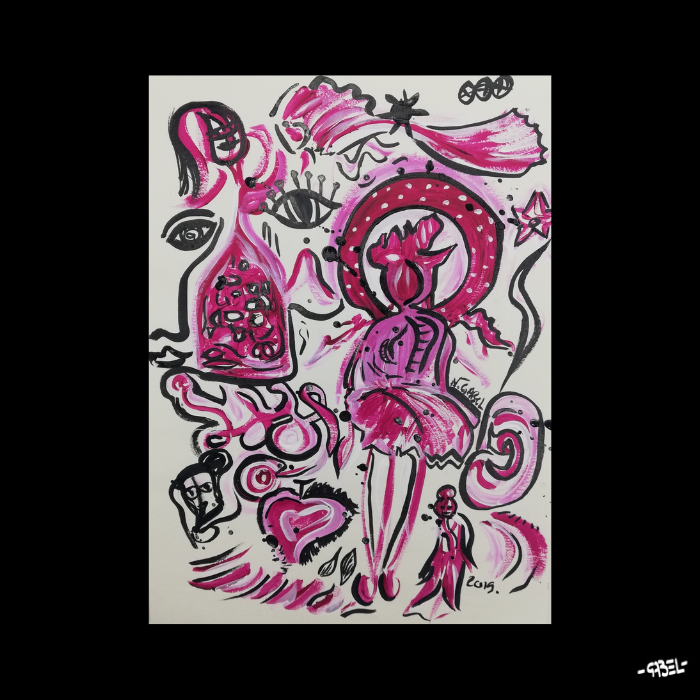 Peinture sur papier personnage rose unique - format A4 21x29cm