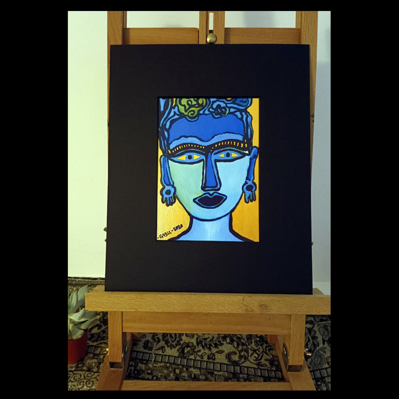 Reproduction peinture - visage bleu impression avec passe-partout noir 24 x 30 cm