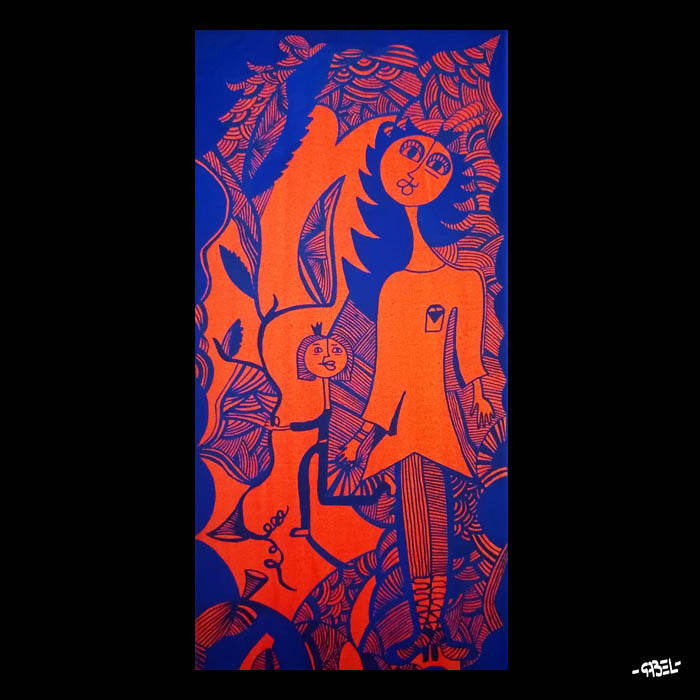 Tableau unique - bleu et orange- 30 x 15 cm