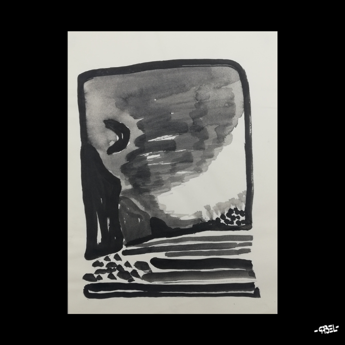 Peinture sur papier paysage noir et blanc unique - format A4 21x29cm