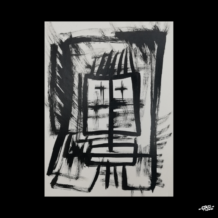 Peinture sur papier robot noir et blanc unique - format A4 21x29cm