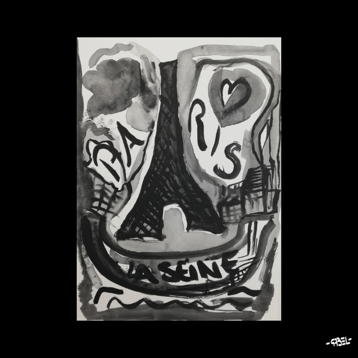 Peinture sur papier Love Paris noir et blanc unique - format A4 21x29cm
