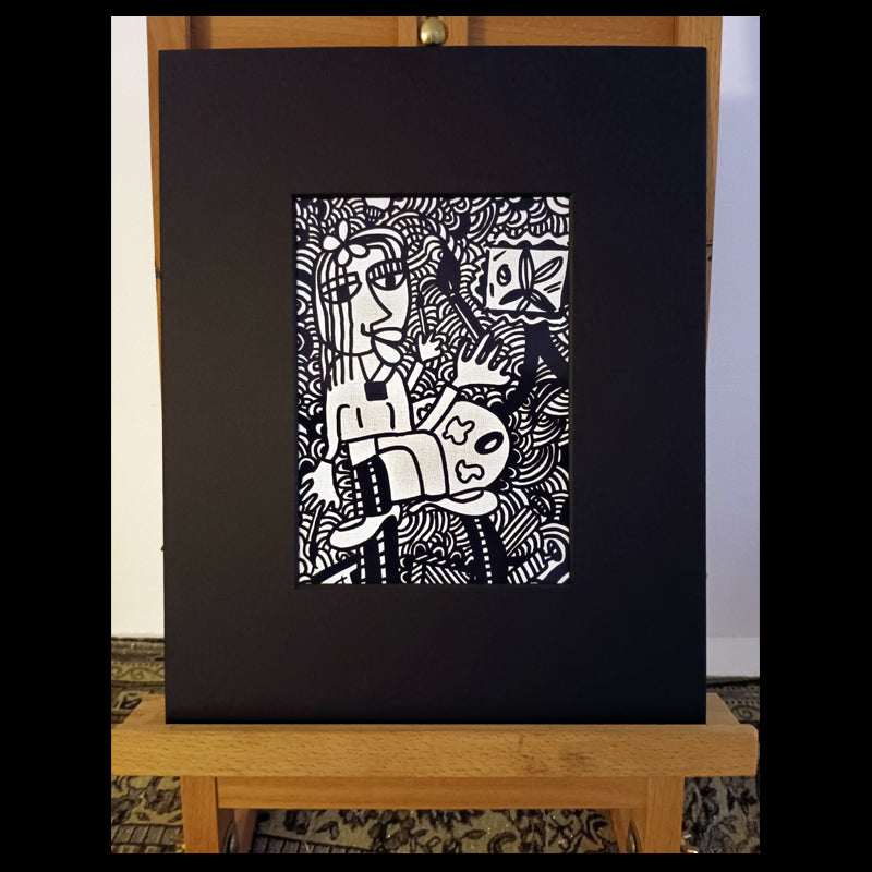 Reproduction peinture - artiste peintre noir et blanc avec passe-partout noir 24 x 30 cm